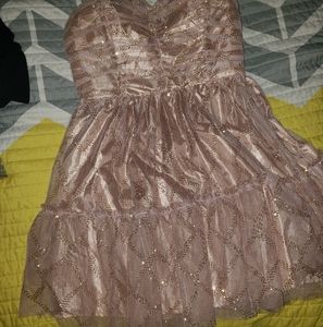 Beautiful gold tan sparkle party dress lace mesh